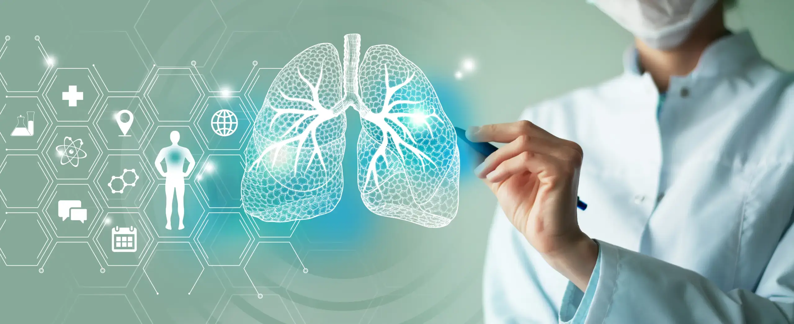 female doctor pointing to a digital diagram of lungs