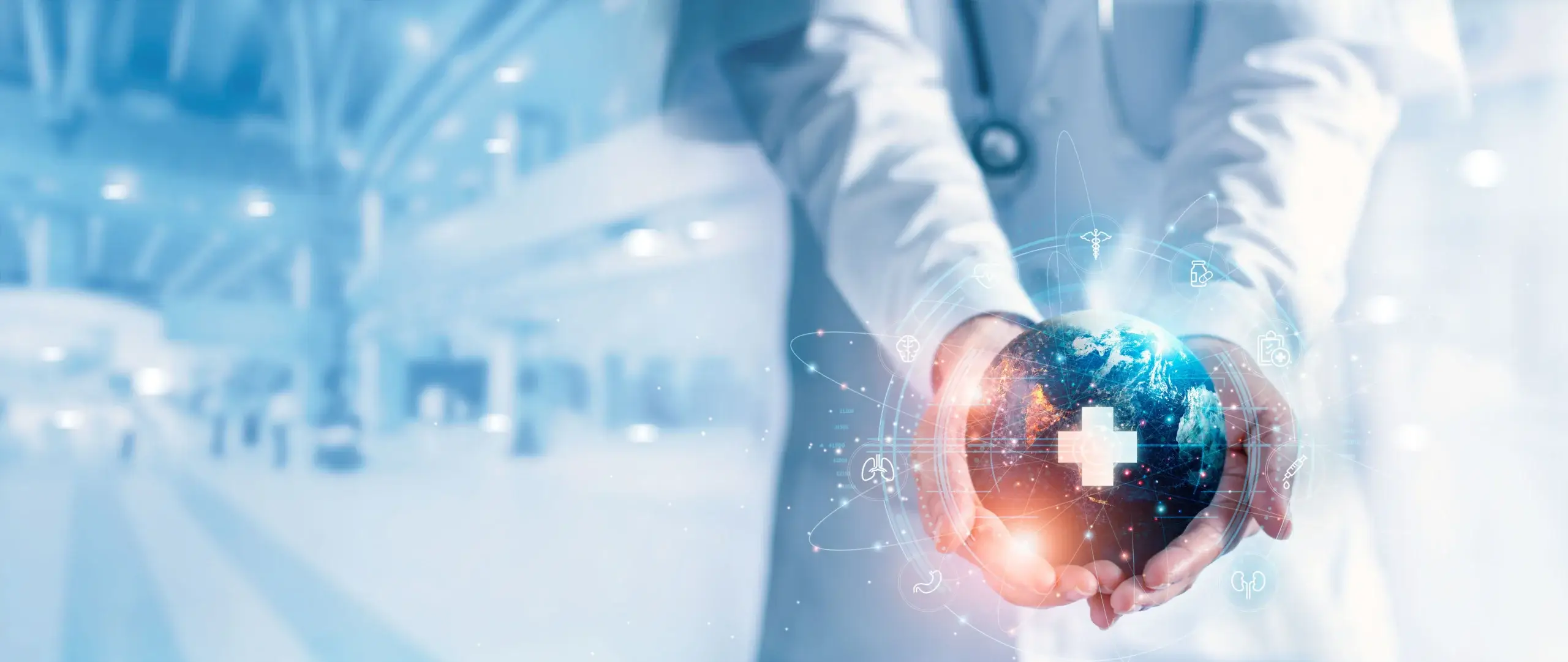 med professional holding globe to represent medical innovation