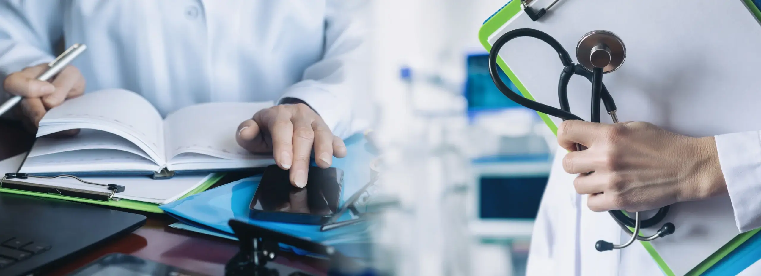 doctor holding stethoscope and medical professional with book